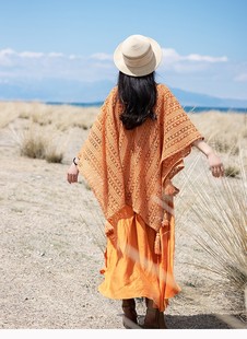 理想三旬女装复古民族风旅拍橙色针织流苏开衫斗篷披肩开衫防晒衣