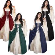 欧美复古长袍连衣裙文艺复兴绑带，束腰宫廷中世纪礼服，舞台演出服装