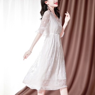 白色真丝连衣裙女长款夏收腰，高端桑蚕丝刺绣，长裙气质仙女裙子
