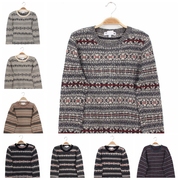 vintage古着孤品日本制冬季文艺羊毛套头，复古毛衣雪花方格细条纹