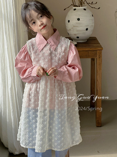 韩版女童装儿童春季洋气时髦甜美蕾丝连衣裙，长袖衬衫2件套装