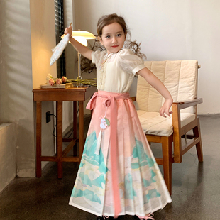 原创女童时髦中国风套装夏季儿童小女孩民族风上衣马面裙半身裙