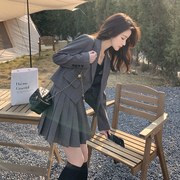 灰色西装外套女小个子套装2023春秋韩系学生短款百褶裙两件套