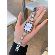 适用applewatchs8/7苹果手表iwatch6/5/4/3代se表带金属贝母细钻女款闪钻个性幸运四叶草玫瑰金链黑叶＋钻壳