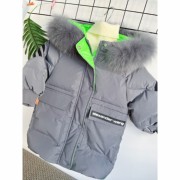 男童小童冬季韩版羽绒服，灰色真毛领，中长款外套里绿色洋气大衣