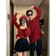 情侣装秋冬过年新年红色毛衣，连衣裙一男一女韩版法式针织衫潮
