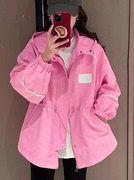 中长款收腰粉色风衣外套女2023春秋季时尚，别致休闲工装冲锋衣