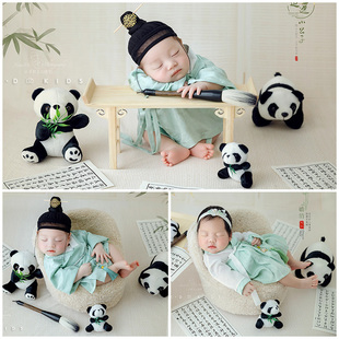 新生儿摄影服装道具宝宝小书童古风主题熊猫玩偶影楼满月照