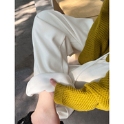 加绒白色裤子女秋冬梨型身材，小个子垂感慵懒风糯米奶油阔腿裤