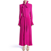 高端欧美裙子玫红色气质，连衣裙女长袖紫色，百褶裙显瘦礼服长裙秋冬