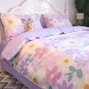 田园紫色花卉小碎花床上四件套全棉纯棉床单床笠款水墨画风格