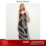 YLLE ELLY艺术感印花连衣裙2024春夏黑白不规则雪纺吊带长裙