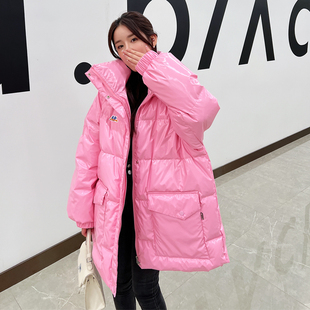 亮面粉色中长款羽绒服女韩版连帽上衣2023年小个子保暖外套