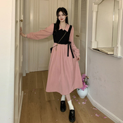 大码法式优雅时尚气质粉红色连衣裙2023秋冬裙子胖mm遮肚长裙