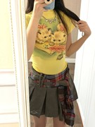 大码胖妹妹辣妹卡通猫咪印花黄色短袖t恤女夏季短款紧身显瘦上衣