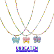 unbeaten泫雅风彩色串珠蝴蝶，项链女多巴胺可爱甜美锁骨链2024