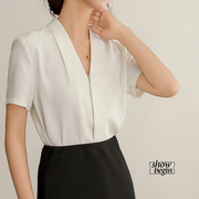白色v领暗门襟雪纺衬衫女短袖，设计感上衣夏装ol气质职业面试衬衣