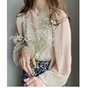 甜美韩国时尚圆领透视粉色，宽松灯笼长袖雪纺衫，防晒衣海边沙滩罩衫