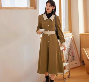 爱衣服韩系连衣裙，秋装流行2022年复古氛围，感拼接收腰长裙