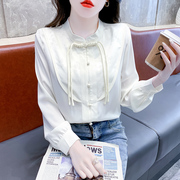中式国风立领盘扣雪纺衬衫女2024早春高级感气质纯色长袖衬衣