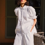 欧美夏季衬衫女泡泡袖系带白色宽松棉麻短袖宽松休闲女式衬衣