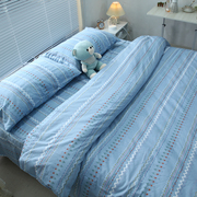 简约蓝色条纹斜纹纯棉四件套全棉宿舍三件套床单被套床上四季款