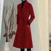 气质红色双面呢羊绒大衣女，秋冬季中长款系带大码毛呢外套7602