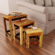 嵌套桌套装3件复古再生木材餐桌家用家用茶台全实木家具茶桌