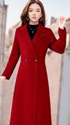酒红色西装领双排扣长袖双面羊绒大衣女秋冬中长款收腰显瘦外套