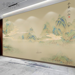 中式定制壁画国画千里江山书房，背景墙客厅电视沙发，剧本杀壁纸墙纸
