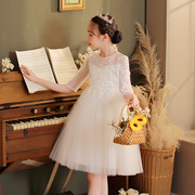 女童公主裙白色，中袖蓬蓬网纱婚礼服六一儿童，走秀钢琴演出服婚纱裙