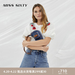 Miss Sixty2023秋季牛仔短裤女性感镂空腰头小众设计感磨破