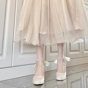 仙女风白色玛丽珍单鞋，女2023小众粗跟法式少女，高跟鞋伴娘鞋子