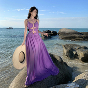 !复古轻奢高级感深v抽带缩褶雪纺吊带，连衣裙名会海边紫色