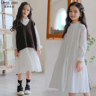 女童白色连衣裙2023秋季长袖，森女风公主裙，洋气中大童蛋糕裙子