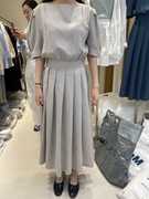 韩国东大门女装2024优雅气质五分袖一字领褶皱下摆中长款连衣裙