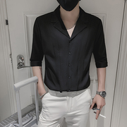 潮流V领短袖衬衫男夏季韩版修身西装领衬衣个性帅气七分袖男中袖