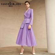 韩诗兰2021外套年紫色职业装西服韩版修身中长款西装纱裙套装