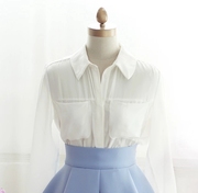 宋慧乔明星同款春夏小香风，白色雪纺长袖，衬衫+天蓝色蓬蓬短裙套装