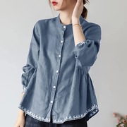 大码女装韩版立领单排扣浅蓝色褶皱棉麻长袖宽松上衣衬衫T-shirt