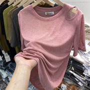 欧货设计感镂空露肩薄款短袖T恤女2024夏装宽松洋气粉色上衣