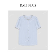 高奢重工镶钻烫钻chic蓝色竖条纹优雅轻奢气质短袖衬衫-D4JJ0004