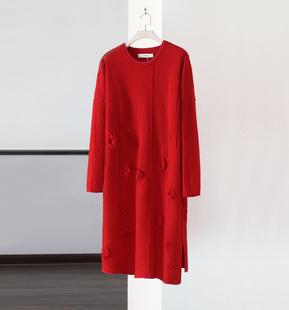 设计师品牌新年正红色纯羊毛手工，扎花长袖连衣裙，中长裙超值少量