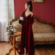 金丝绒睡裙女性感新娘结婚晨袍睡袍新婚红色吊带睡衣套装高级感冬