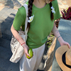 纯色圆领短袖T恤女2024年夏季休闲体恤宽松绿色百搭正肩上衣