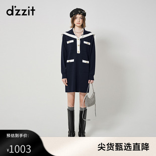 dzzit地素奥莱针织连衣裙，23秋深蓝色，小香风海军领设计感