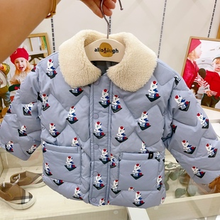 韩国童装23冬男女童羊羔毛翻领(毛翻领)蓝色卡通满印可爱羽绒服外套