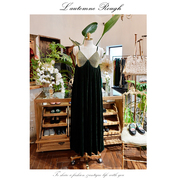 小众设计礼服裙 亮闪金&墨绿色jue美 v领吊带气质优雅宽松连衣裙