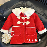 女童冬季新年装洋气，小女孩红色呢大衣儿童，时髦中长款加厚呢子外套