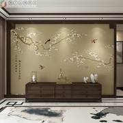 新中式墙布电视背景墙卧室客厅，沙发花鸟墙纸，喜上眉梢梅花定制壁画